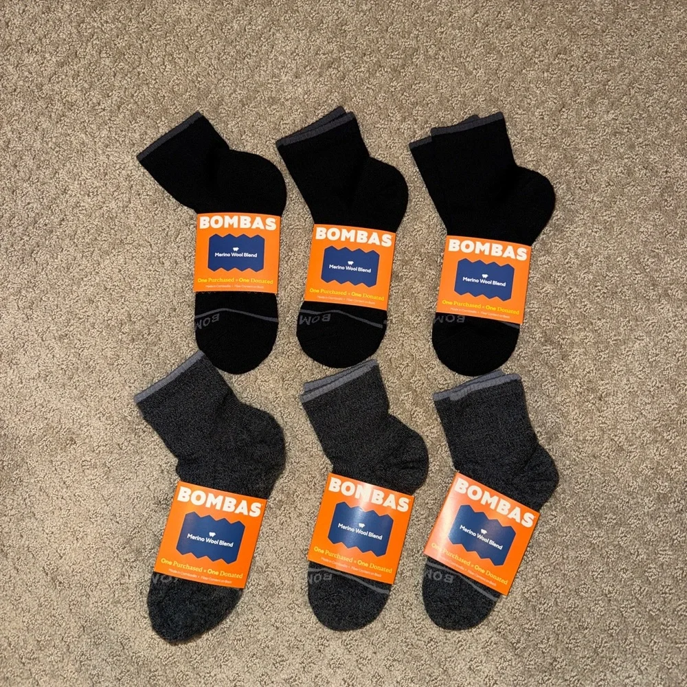 Bombas 6-Pack Men’s Merino Wool Blend Quarter Length Socks In Black And Charcoal - Picture 2 of 5